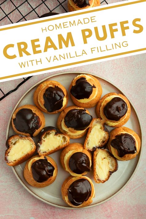 Indulge in heavenly Vanilla Cream Puffs, a delightful dessert made with light and airy choux pastry filled with luscious vanilla pastry cream. This easy recipe guides you through creating these delectable treats with joy. Perfect for any occasion, these cream puffs are a delightful way to satisfy your sweet cravings. Elevate your dessert game with this irresistible vanilla treat! Choux Pastry Recipe Filling, Mini Cream Puffs Recipe Easy, Choux Pastry Filling Ideas, Puffs Recipes, Raspberry Cream Puff, Cream Puffs Recipe Easy, Vanilla Cream Puffs, Mini Cream Puff, Cream Puffs Recipe