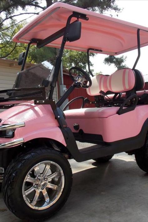 The Princess Pink Golf Cart Pink Golf Cart Ideas, Pink Golf Cart Aesthetic, Mini Golf Cart, Purple Golf Cart, Barbie Golf Cart, Girly Golf Cart, Bronco Golf Cart, Aesthetic Golf Cart, Golf Cart Aesthetic