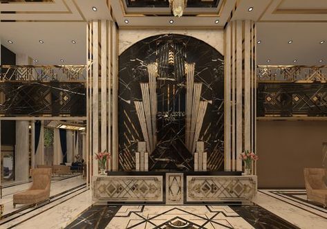 Art Deco Reception Interior, Art Deco Lobby Design, Art Deco Hotel Reception, Art Deco Set Design, Art Deco Exterior Home, Art Deco Hotel Lobby, Luxury Hotel Reception, Art Deco Reception, Hotel Reception Design