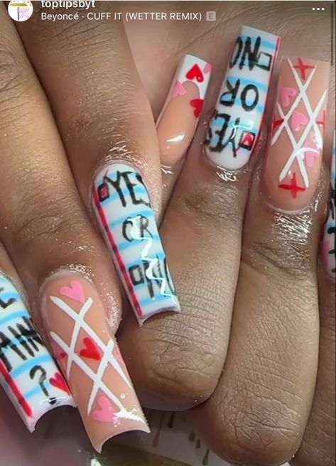 Notebook Nails Heartbreak Valentines Day Nails, Notebook Nail Design, Notebook Valentines Nails, Notebook Nails, Wave Nails, School Nails, Nail Designs Valentines, Long Acrylic Nail Designs, Colored Acrylic Nails