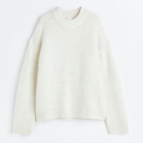 Oversized Sweater With Wool And Alpaca Wool Content. Crew Neck, Dropped Shoulders, And Long Sleeves. Straight Hem. Ribbing At Neckline, Cuffs, And Hem. White Oversized Sweater, New Balance Outfit, Cream Colored Sweater, White Knit Sweater, Oversized Jumper, Stockholm Fashion, Half Zip Sweaters, Cream Sweater, Alpaca Wool