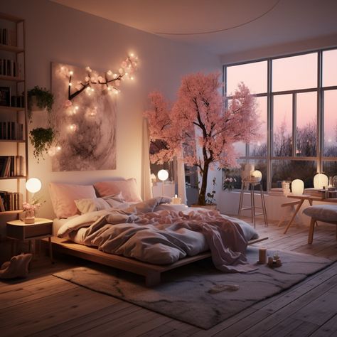 Japan Bedroom Aesthetic, Sakura Bedroom, Bedroom Inspirations Aesthetic, Cherry Blossom Bedroom, Fall Bedroom Ideas, Glass Bedroom, Baddie Apartment, Dream Bedroom Inspiration, Cozy Fall Bedroom