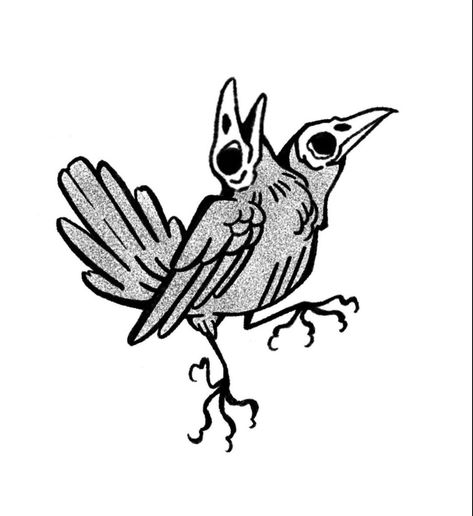 Funky Skeleton Tattoo, Weird Dark Tattoos, Two Headed Bird Tattoo, Two Headed Crow Tattoo, Black And White Flash Tattoo, Folk Horror Tattoo, Traditional Style Animal Tattoos, Bird Skull Tattoo Design, Goblin Core Tattoo