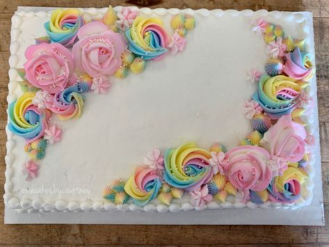 Pastel Sheet Cake Birthday, Rosette Sheet Cake Ideas, Half Sheet Cake With Flowers, Girly Sheet Cake Birthdays, Decorated Rectangle Cake, Two Sweet Sheet Cake, Rainbow Cake Sheet, Sheet Cake With Rosettes, Rainbow Unicorn Sheet Cake Ideas