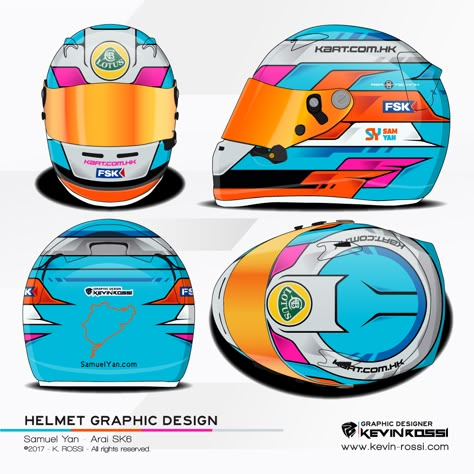 Samuel Yan helmet design project - On Arai SK6. ©2017 - K. ROSSI - All rights reserved. Motorsport Helmet Design, Formula 1 Helmet Design, Karting Helmet Design Ideas, Race Helmet Design, Karting Helmet Design, Racing Helmet Design Painting, Arai Helmet Design, Helmet Design Paint, F1 Helmet Design