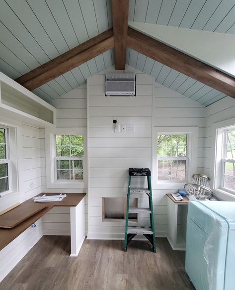 Mini Hangout Shed, She’d Conversion, Tiny Shed Interior, She Shed Studio Ideas, She Shed Office Interior Ideas, Diy Furniture Build, She Shed Closet Ideas, Shed Turned Office, Shed Studio Apartment