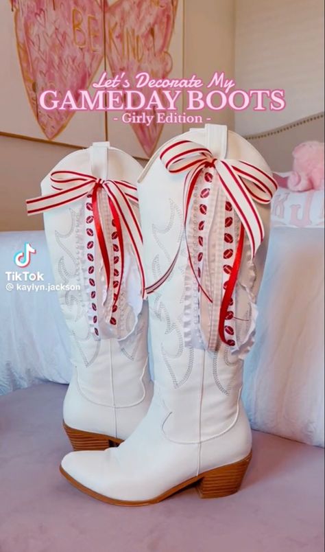 White College Football Game Outfit, Preppy Alabama Outfits, Game Day Cowboy Boots, White Out College Football Game, Cowgirl Boots Colorful, Red White Game Day Outfit, Game Day Boots Ribbon, College Games Outfit, Gameday Outfit Maroon