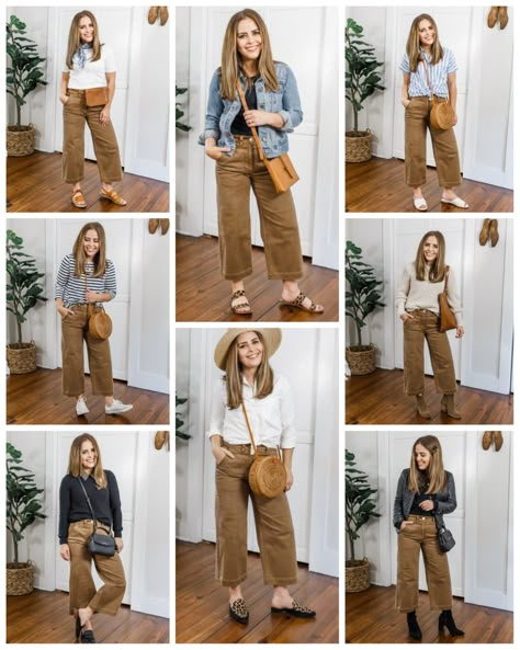 Tan Pants Outfit Casual, Brown Pants Casual Outfit, Wide Khaki Pants Outfit, Straight Leg Khaki Pants Outfit, Brown Wide Leg Crop Pants Outfit, Brown Capri Pants Outfit, Brown Pants Spring Outfit, Brown Ankle Pants Outfit, Brown Cropped Pants Outfit