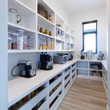 75 Kitchen Pantry Ideas You'll Love - March, 2023 | Houzz Butlers Pantry With Window And Sink, Kitchen Layout Ideas With Island And Walk In Pantry, 8x10 Pantry Layout, Prep Pantry Ideas, Large Pantry Layout, Pantry Layout Plan, Pantry Design With Window, Rectangle Pantry Ideas, Dream Pantry Luxury