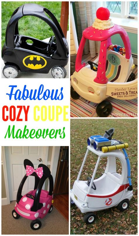 The red and yellow cozy coupe is a rite of passage for all kids, but why not make it more exciting with one of these fabulous cozy couple makeovers? Car Makeover, Cozy Coupe Makeover, Refurbished Table, Kid Costume, Paint Wash, Grey Paint, Table Makeover, Little Tikes, Table Chairs