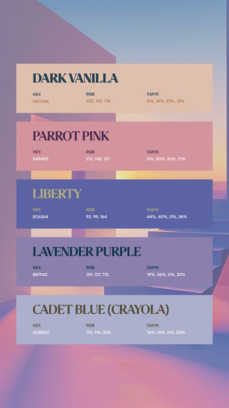 Colors:
DEC0AE
D4949D
5C63A4
8B7FAC
ACB0CC Work Color Palette, Etsy Color Palette, Soft Tone Color Palette, 4 Color Combinations Colour Palettes, Html Color Palette, 90s Aesthetic Color Palette, Arcane Color Palette, Four Colour Palette, Modern Pastel Color Palette