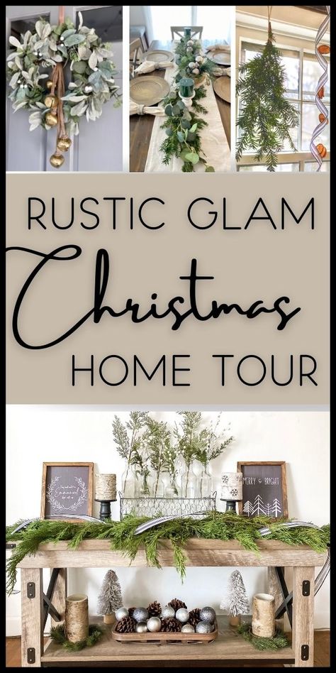 If you like cozy but sparkly for Christmas, take a look at this my rustic glam Christmas home tour! This is a mix of farmhouse cozy, modern sleek and Christmas sparkle! Budget-friendly ideas for the entire house! Modern Farmhouse Christmas Centerpiece, Contemporary Farmhouse Christmas Decor, Christmas Modern Farmhouse Decor, Rustic Decor Christmas, Christmas Rustic Decorations, Elegant Rustic Christmas Decor, Christmas Tour Of Homes Decorating Ideas, Winter Rustic Decor, Modern Farmhouse Holiday Decor