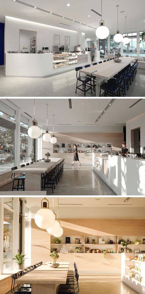 10 North American Coffee Shops That Are Distinctive In Their Design Coffee Shop Modern Interior Design, Cafe White Interior, Open Kitchen Coffee Shop, White Coffee Shop Interior, White Cafe Design, White Cafe Interior, Cafe Lighting Ideas, Vintage Interior Cafe, Coffee Lighting