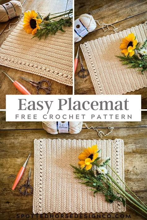 This is a free crochet placemat pattern featuring the herringbone double crochet stitch. Use this lovely placemat to add simplicity and elegance to your table setting. Crochet Holiday Placemats Free Pattern, Easy Crochet Rectangle Placemat, Crochet Pattern Placemat Free, Place Mat Crochet Free Pattern, Crochet Placement Free Pattern, Free Crochet Table Mat Patterns, Crochet Patterns Placemats, Crochet Boho Placemats Free Pattern, Crochet Pattern For Placemats