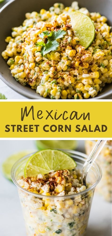 Esquites, or Mexican Street Corn Cups, are an all-time favorite snack sold by street food vendors all over Mexico! This tasty dish is made from corn mixed with mayonnaise, cotija cheese or queso fresco, lime juice, and chili powder. Mexican Street Food Snacks, Street Corn Recipe, Street Corn Salad, Mexican Street Corn Salad, Mexican Snacks, Corn Salad Recipes, Mexican Street Food, Healthy Mexican, Summer Corn Salad