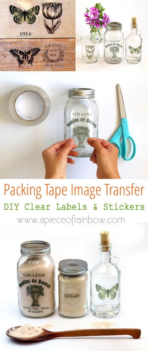 Packing Tape Image Transfer & DIY Clear Labels - A Piece Of Rainbow Packing Tape Image Transfer, Diy Tape, Metal Objects, Kitchen Labels, Clear Labels, Diy Labels, Labels Diy, How To Make Stickers, Pantry Labels