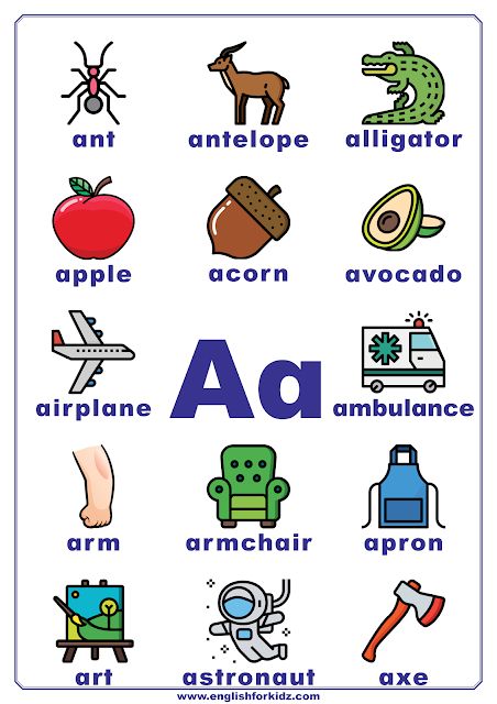 Printable Alphabet Posters for Every Letter. English ABC posters for classroom decoration. Letter A. #ESL A Words For Preschool, Words With Letter A, Phonics Letter A, Abc Alphabet Letters, Abc Posters, Letter A Words, English Abc, English For Kids, Alphabet Worksheets Kindergarten