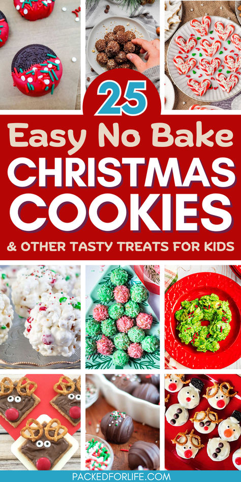 A colorful collage of super easy Christmas treats and cute Christmas desserts, featuring festive cookies, holiday-themed snacks, and no-bake sweets perfect for kids. Easy Baked Christmas Treats, Simple Holiday Baking Ideas, Easy Non Perishable Desserts, Christmas No Bake Treats For Kids, Christmas Treats Not Cookies, Holiday Cookies To Make With Kids, Nut Free Christmas Baking, Non Cookie Christmas Treats, Everything Christmas Cookies