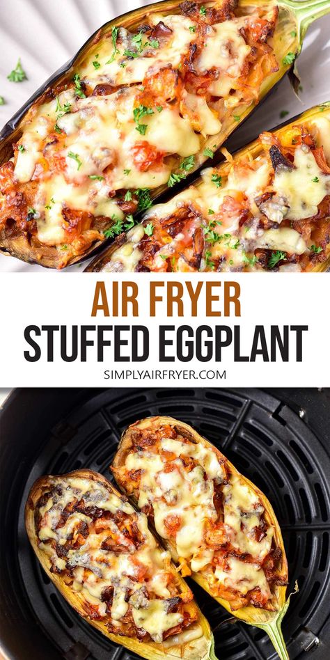 Want to make Air Fryer Stuffed Eggplant? Filled with vegetables, spices, and cheese, this eggplant makes an easy and tasty vegetarian dinner! Eggplant Recipes Stuffed, Macro Friendly Eggplant Recipes, Eggplant Meal Prep, Air Fryer Meals Vegetarian, What To Make With Eggplant, Airfryer Aubergine, Eggplant Dishes Healthy, Mediterranean Air Fryer Recipes, Eggplant Recipes Air Fryer