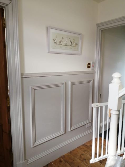 Top - F&B Pointing, Bottom -F&B Cornforth White Cornforth White Woodwork, Grey Panelled Hallway, Pointing Farrow And Ball Hallway, Living Room Panelling Colour Ideas, Painted Waistcoating, Grey Panelling Hallway, Farrow And Ball Panelling, Elephants Breath Hallway, Pointing Farrow And Ball