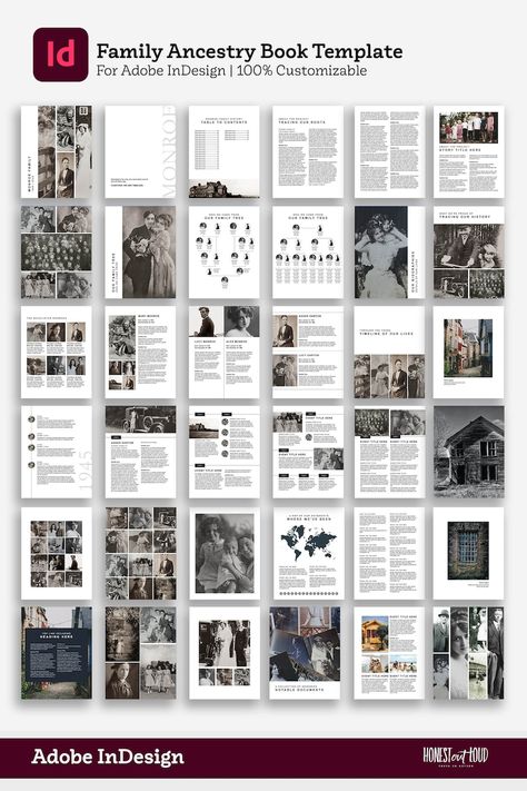 Ancestry Book Template Family Tree Family History Genealogy Book Mac PC Adobe Indesign - Etsy Family Tree Album Ideas, Family Tree Book Layout, Family Tree Books, History Magazine Layout Design, Genealogy Book Layout, Family History Book Layout, Family Photobook, Family History Printables, Family Tree Design