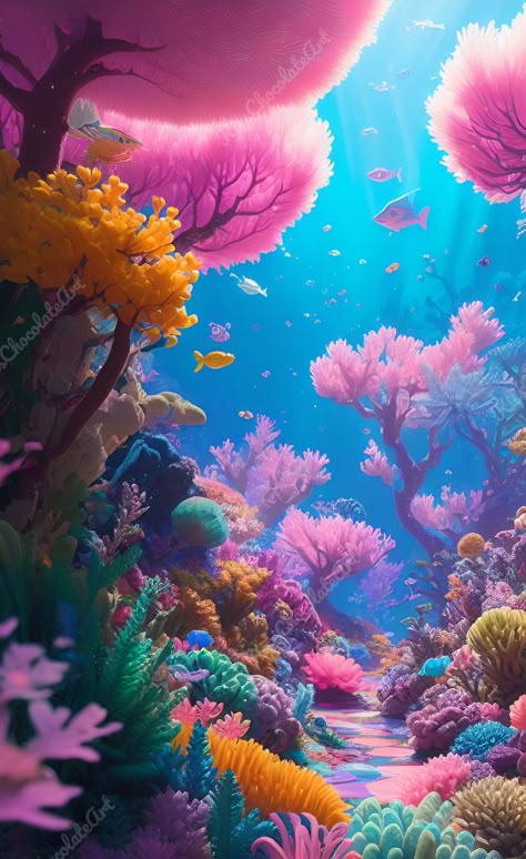 Colorful Ocean Wallpaper, Pretty Ocean Wallpapers, Underwater Art Illustration, Beach Fantasy Art, Fantasy Ocean Art, Fish Fantasy Art, Ocean Fantasy Art, Underwater World Art, Ocean Digital Art