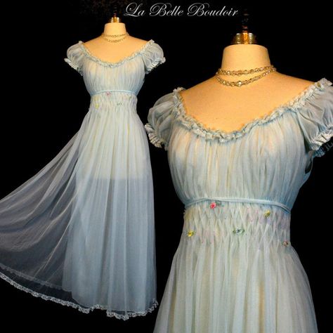 Ballet Blue Off Shoulder 50s Full Sweep Nightgown S M Double Chiffon... (€78) ❤ liked on Polyvore featuring intimates, sleepwear, nightgowns, chiffon nightgown, lingerie sleepwear, blue nightgown, chiffon lingerie and blue lingerie Blue Nightgown, Night Gown Dress, Neat Casual Outfits, Regency Era Fashion, Regency Fashion, Blue Lingerie, Royal Outfits, Beautiful Costumes, Historical Dresses