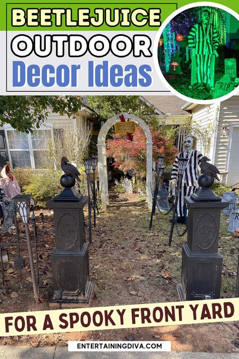 Beetlejuice Outdoor Decor Ideas For A Spooky Front Yard | Outdoor Halloween Decorating Spooky Front Yard, Spooky Halloween Yard, Front Yard Halloween, Outdoor Decor Ideas, Beetlejuice Movie, Potluck Dinner, Beetlejuice Halloween, Themed Decorations, Diy Halloween Projects