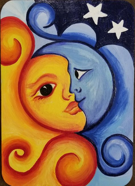 Drawing Ideas Sun And Moon, Complimentary Colors Art, Suns With Faces, Moon And Sun Drawing, Sun Moon Drawing, Sun Moon Painting, Moon And Sun Art, Sun Drawings, Moon And Sun Painting