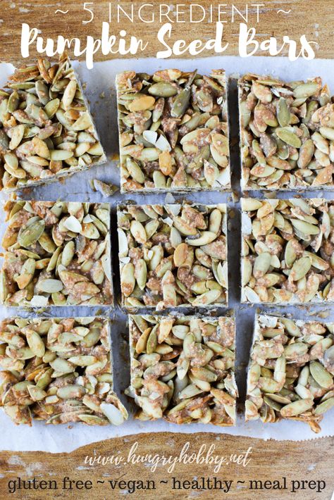 These five-ingredient pumpkin seed bars are full of wholesome ingredients & they are super easy to whip up! The perfect salty-sweet anytime snack or breakfast! #glutenfree #vegan #vegatarian #snack #easyrecipe Seed Snacks Healthy, Pumpkin Seed Snack Recipes, Pumpkin Seed Granola Bars, Vegan Seed Bars, Pumpkin Seeds Cookies, Healthy Seed Bars, Raw Pumpkin Seed Recipes, Pumpkin Seed Snacks, Pumpkin Seed Bars Recipe