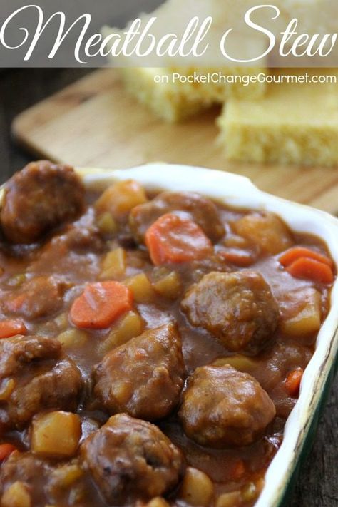 Best Recipes of 2014 - Pocket Change Gourmet Meatball Beef Stew, Meatball And Potato Stew, Stovetop Meatballs, Meatball Stew Recipe, Cowboy Stew, Meatball Stew, Meatball Soup Recipes, Texas Cowboy, How To Cook Meatballs