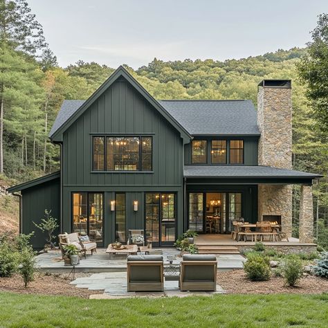 Country Contemporary Home, Black Lake House Exterior, Green House With Wood Accents, Lakefront Homes Exterior, Dark Green Barndominium Exterior, Modern Green House Exterior, Cedar Board And Batten Siding, Pnw House Exterior, Green Hardie Board House