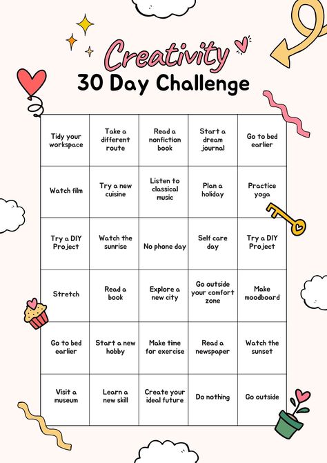 30 Day Challange, Creativity Challenge, Self Care Challenge, Yoga Music, Daily Challenges, Day Challenge, 30 Day Challenge, Self Care Activities, Calendar Printables