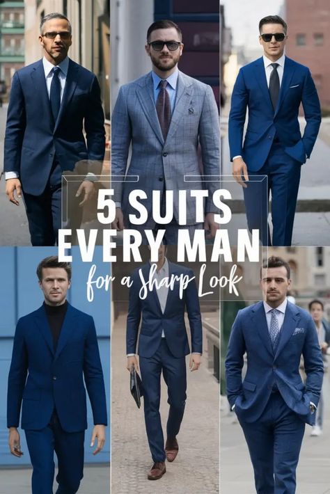 Suits aren't just clothes; they're statements. A well-chosen suit can make you look polished, professional, and put-together. . But with so many styles and fabrics, where does a guy start? This list will break down five essential suits that every man should have in his wardrobe. . 1. The Navy… How To Style A Suit For Men, Essential Suits For Men, Mens Church Outfit, Male Teacher Outfits, Low Cut Shirt, Beach Outfit Men, Pastel Shirt, Suit Stores, Suit Combinations