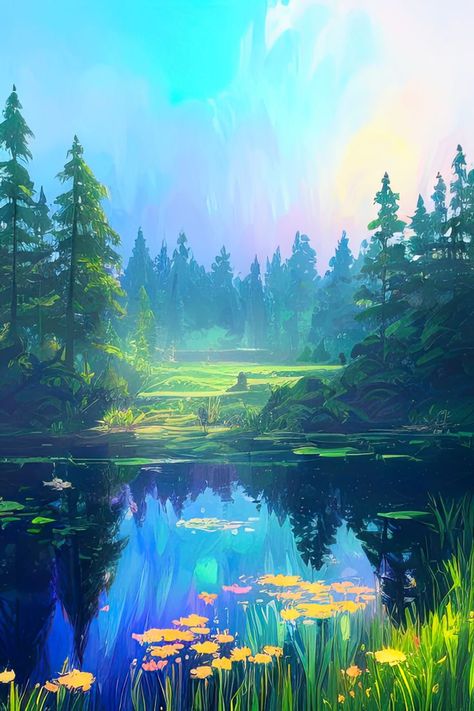 "Peaceful Green Forest with Small Lake in Charming Clearing" - A digital art piece showcasing a serene and green forest with a small lake in a charming clearing, offering a tranquil oasis and a harmonious blend of nature's beauty. Design Creative Ideas, Enchanted Lake, Home Decor Wallpaper, Outdoor Artwork, Forest Background, Lake Art, Fantasy Forest, Home Decoration Ideas, Decor Wallpaper