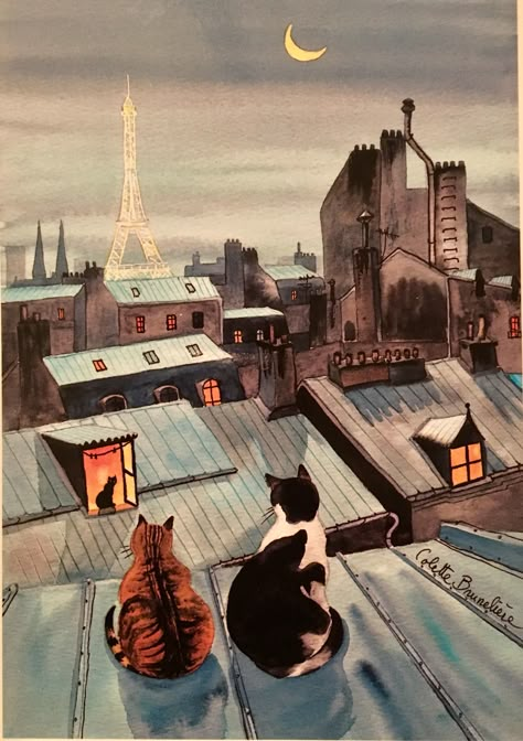 Colette Bruneliere: Paris cats on the roof Paris Cat, Art Parisien, Frida Art, Art Mignon, Image Chat, Cat Illustrations, Kitty Art, 수채화 그림, Cats In Art