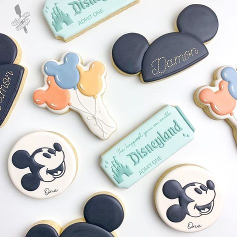 Mickey Mouse First Birthday Cookies, Modern Disney Birthday Party, Disney Themed Birthday Party For Boys, Mickey Theme Birthday Party, Vintage Disney Party Ideas, Classic Disney Birthday Party, Disneyland Birthday Cookies, Vintage Disneyland Cookies, Disney Baby Shower Themes For Boys