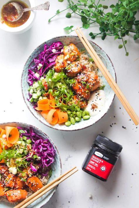 Baked Salmon Poke Bowls (In 30 Minutes) Gf Meal Prep, Honey Sesame Chicken Recipe, Meals With Meat, Low Cholesterol Meals, Crispy Honey Chicken, Cholesterol Meals, Miso Chicken, Crunchy Veggies, Salmon Marinade