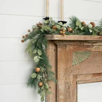 SPARKLING SAGE & PINE | Shop Sales Events Antique Farmhouse Mantel With Garland, Mantel Candles, Pine And Eucalyptus, Star Centerpieces, Cabin Gifts, Decorative Garland, Pinecone Garland, Ornament Garland, Reindeer And Sleigh