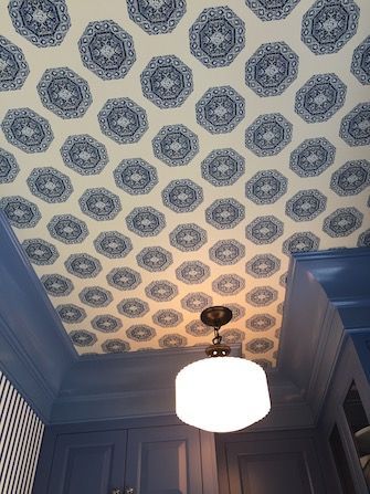 Wallpaper Ceiling Pantry, Blue Ceiling Wallpaper, Wallpaper Kitchen Ceiling, Wallpaper Ceiling Kitchen, Southern Wallpaper, Wallpapered Ceiling, Texture Decor, Color Cabinets, Wild Wallpaper