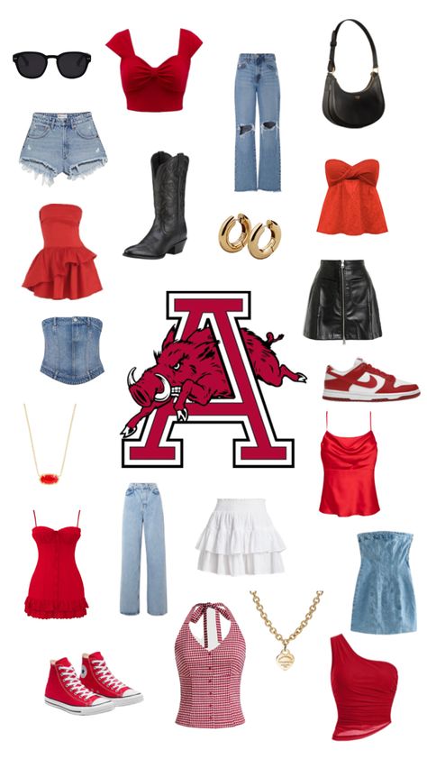 Game day Simple Game Day Outfits, Gameday Outfit Arkansas, Uark Gameday Fits, College Outfits Game Day, University Of Arkansas Game Day Outfit, Razorback Game Day Outfit, Red Game Day Outfit, Arkansas Game Day Outfit, College Tour Outfit