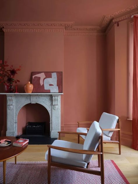 9 Vintage Paint Colors That Are Making A Comeback Savannah Clay Benjamin Moore, Sw Cabbage Rose Paint, Sienna Paint Color, Best Terracotta Paint Color, Popular Paint Colors For Living Room, Clay Colored Walls, Terracotta Paint Colors, Pink Farrow And Ball, Terra Cotta Paint Color