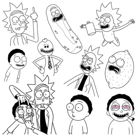 Tattoo Flash Sheet Men, Comic Tattoo Design, Rick And Morty Tattoo Drawing, Morty Tattoo Design, Rick And Morty Tattoo Black And White, Rick And Morty Drawing Sketch, Rick And Morty Drawings, Rick And Morty Outline Tattoo, Rick And Morty Tattoo Design