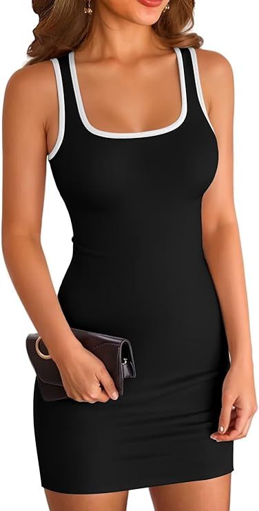 VICHYIE Womens Summer Tank Dresses Ribbed Bodycon Mini Sleeveless Casual Slim Fitted Pencil Dresses Womens Summer Dresses, Dresses Black And White, Fitted Pencil Dress, Cutout One Piece, Fitted Bodycon Dress, Summer Tank Dress, Pencil Dresses, Black Pencil Dress, Tank Dresses