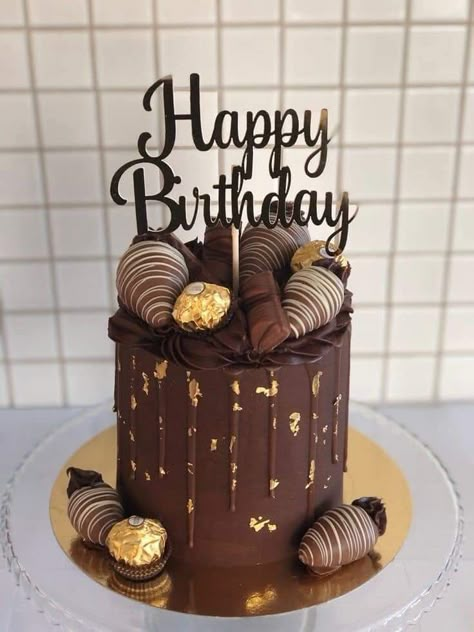 Happy Birthday 🎉cake 🎂 Chocolate And Gold Cake Decoration, Birthday Cakes With Chocolate Covered Strawberries, Birthday Cake With Chocolate Strawberry, Chocolate Cake Ferrero Rocher, Ferrero Rocher Birthday Cake, Girly Chocolate Cake, Chocolate Layer Cake Decoration, Ferror Rocher Cake, Chocolate Theme Cake