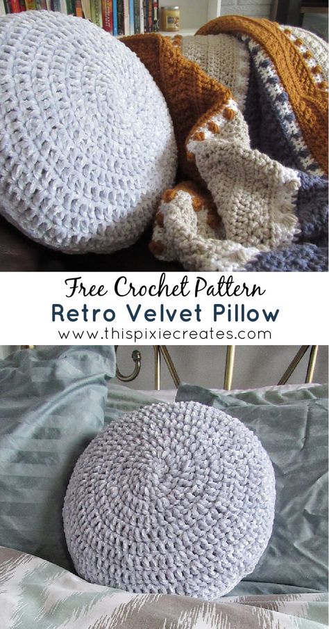 Add a touch of retro to your home with this retro velvet circle pillow. This pillow cover uses less than 1 skein of yarn, and the pattern is easily customizable to fit any sized pillow insert. The free crochet pattern is beginner friendly, and includes step-by-step pictures to help you along the way! Circle Pillow Knitting Pattern, Easy Crochet Throw Pillows, Crochet Easy Pillow, Crochet Pillow For Beginners, Crochet Pillow Cover Velvet Yarn, Velvet Yarn Crochet Pillow, Crochet Velvet Pillow Cover, Circle Pattern Crochet, Crochet Chenille Pillow