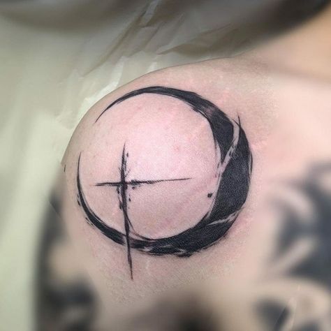 Cross With Dark Moon Tattoo Crescent Moon Tattoos Men, Cross And Moon Tattoo, Moon Themed Tattoos, Men Moon Tattoo, Moon Tattoos Men, Dark Moon Tattoo Design, Moon Tattoo For Men, Gothic Moon Tattoo, Dark Moon Tattoo