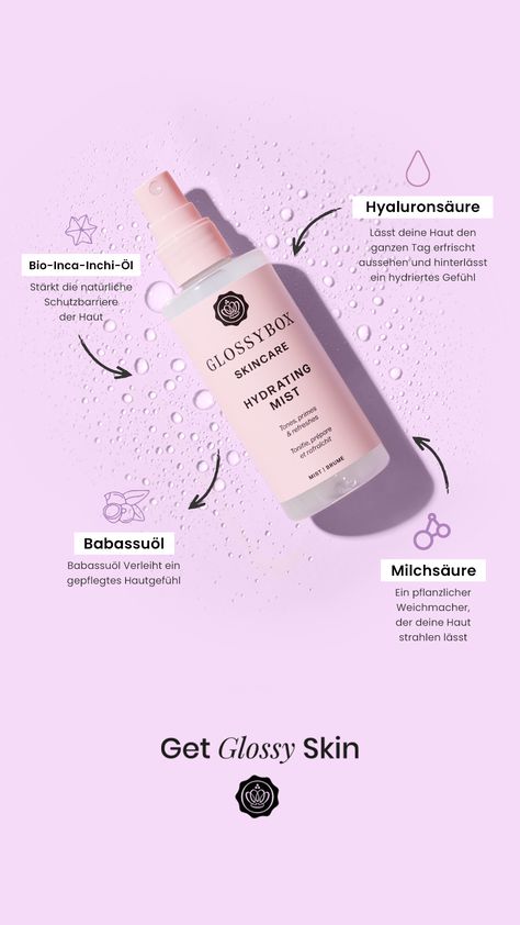 GLOSSYBOX Skincare Hydrating Mist Content Skincare Ideas, Skincare Poster Design, Product Marketing Design, Skincare Newsletter, Skincare Advertising, Mist Skincare, Skincare Infographic, Skincare Poster, Product Design Ideas