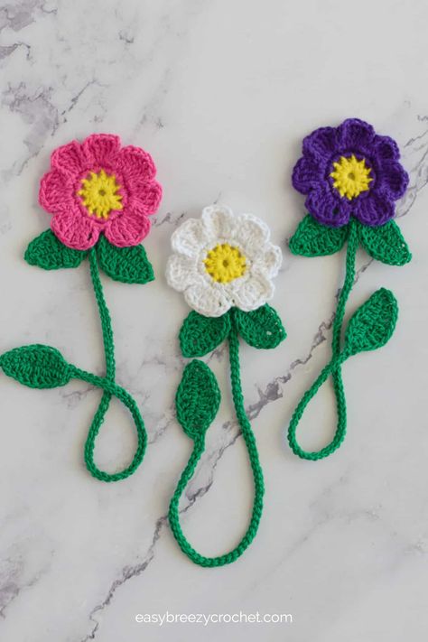 Crochet Flower Bookmark | Easy Breezy Crochet Bookmarks To Crochet, Crochet Book Markers Free Pattern, Crochet Bookmarks Free Patterns Flower, Quick Crochet Bookmark Free Pattern, Diy Crochet Bookmarks, Bookmarks Crochet Free Pattern, How To Crochet A Bookmark, Crochet Bookmark Ideas, Crochet Small Flowers Free Pattern