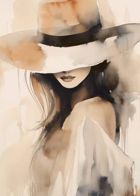 Watercolor Portrait Painting, Fashion Art Prints, Large Oil Painting, Female Art Painting, Wearing A Hat, Painting Still Life, Watercolor Portraits, Girly Art, Large Painting